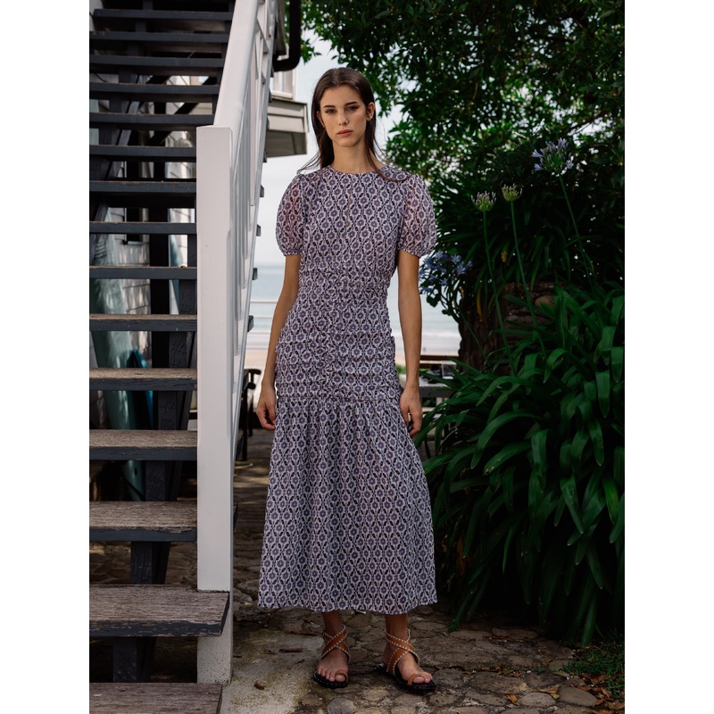 Long mauve print gathered dress