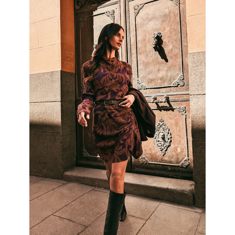 Purple and camel printed draped mini dress