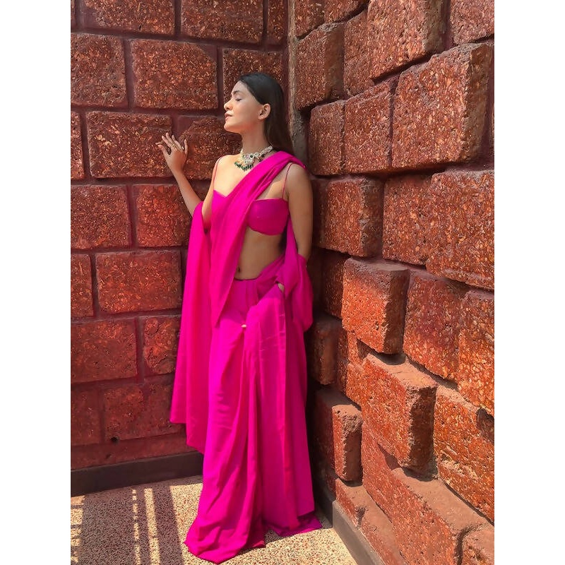 3 Piece Hot Pink Pre-stiched Saree Set