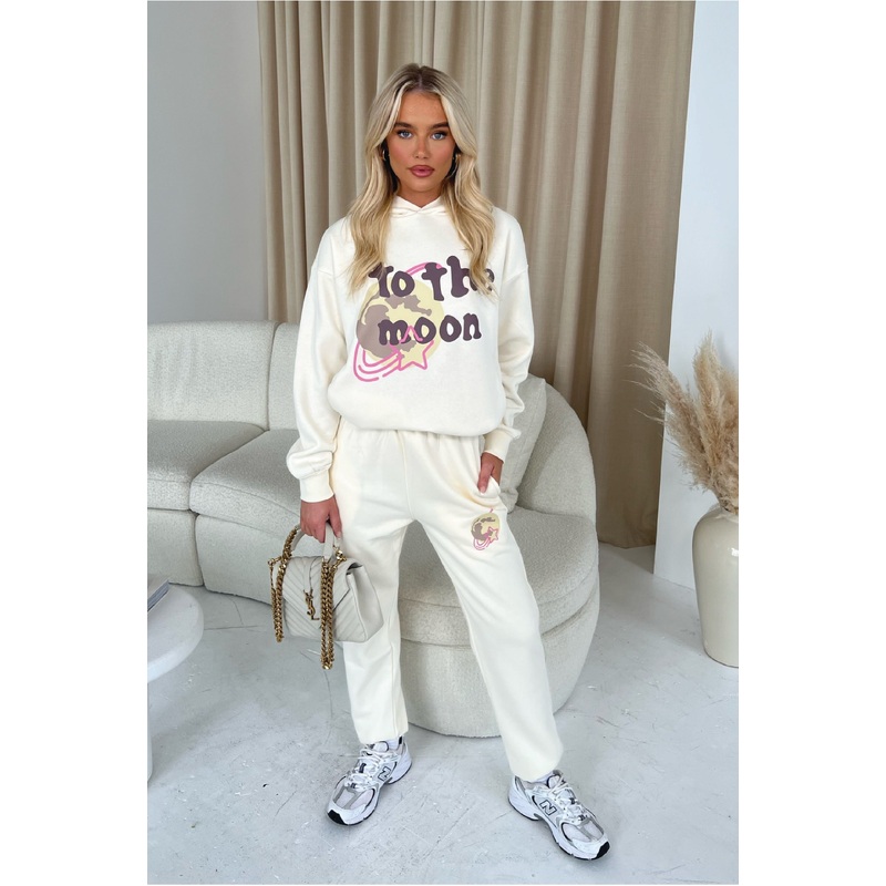 To the moon ecru hoodie and joggers loungewear