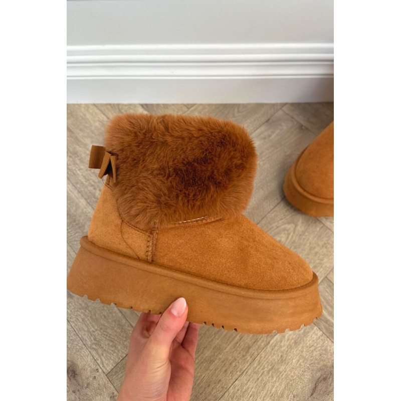 Amore camel platform faux fur lined ankle boots