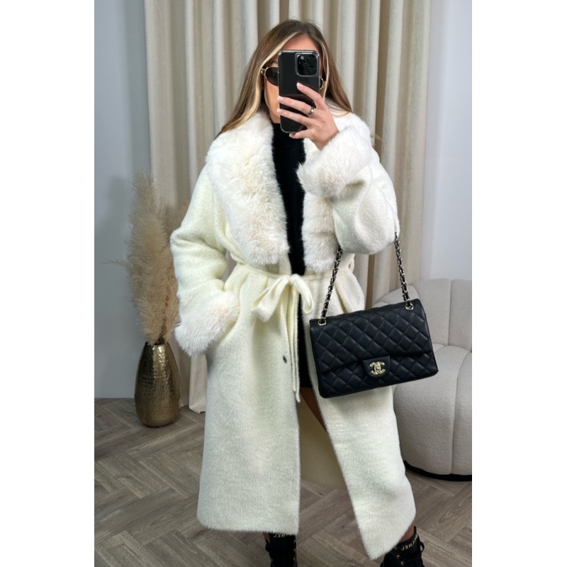 Freya cream faux fur collar long cardigan