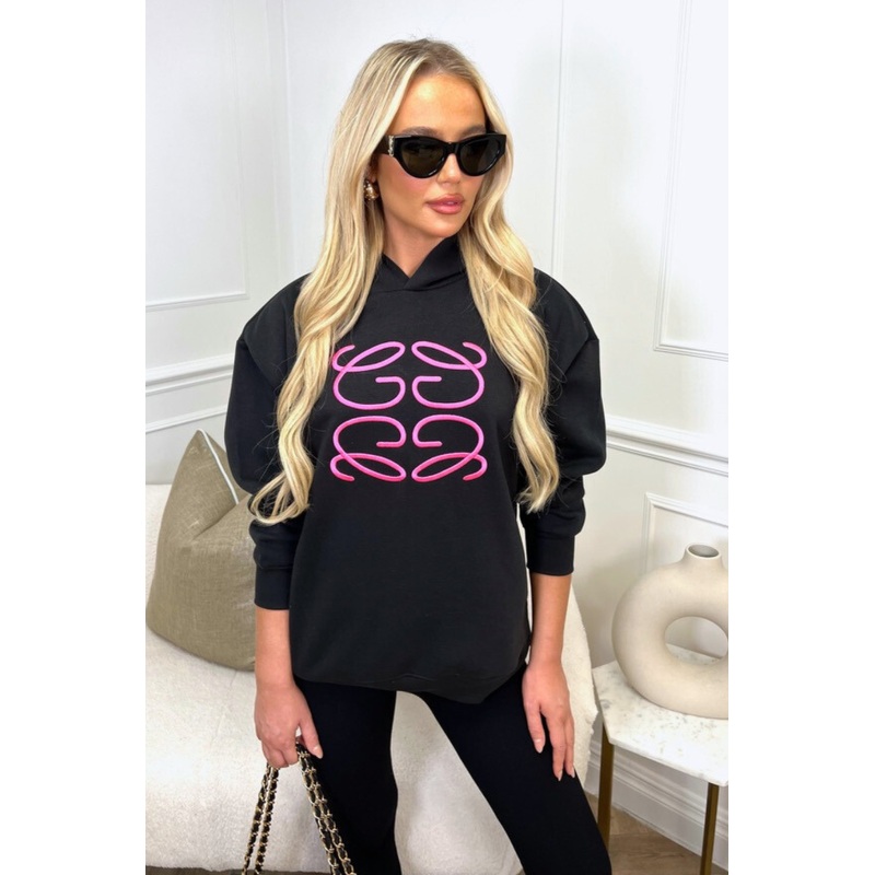 Gege black embroidered with pink premium essential relaxed hoodie