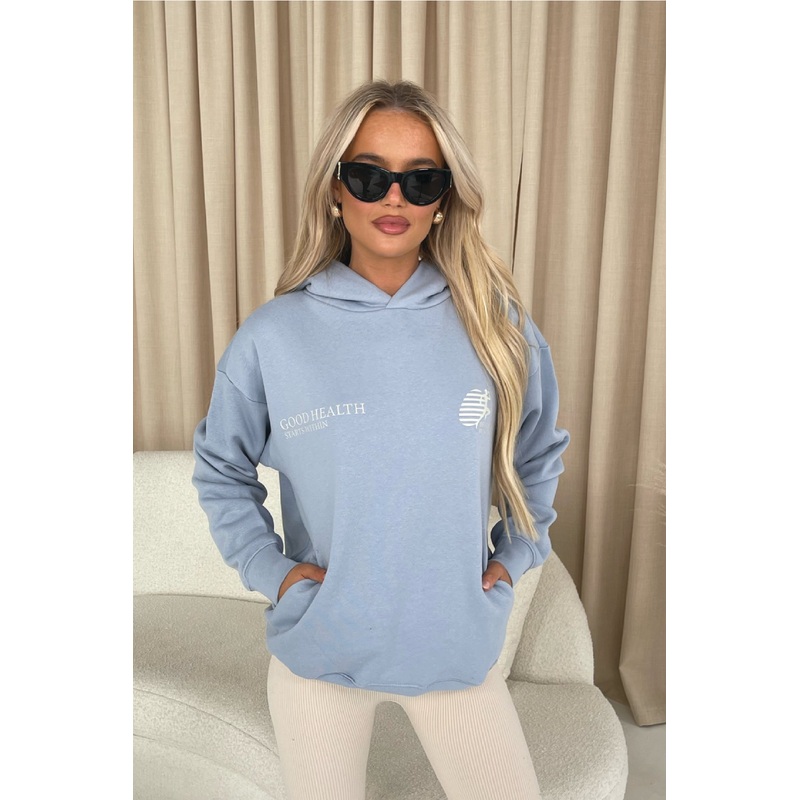 Good health baby blue printed relaxed hoodie