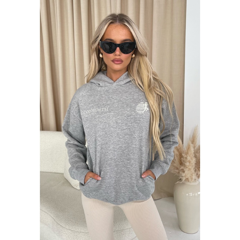 Good health melange grey printed relaxed hoodie