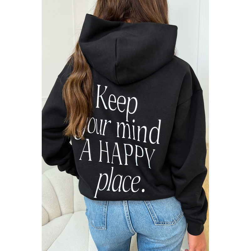 Happy place black printed  relaxed hoodie