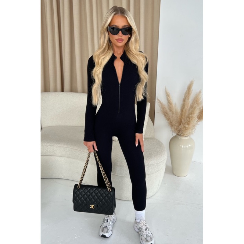 Selena black ribbed unitard