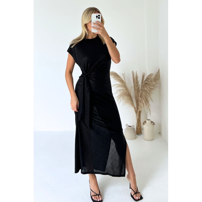Vivian black metallic side tie midi dress