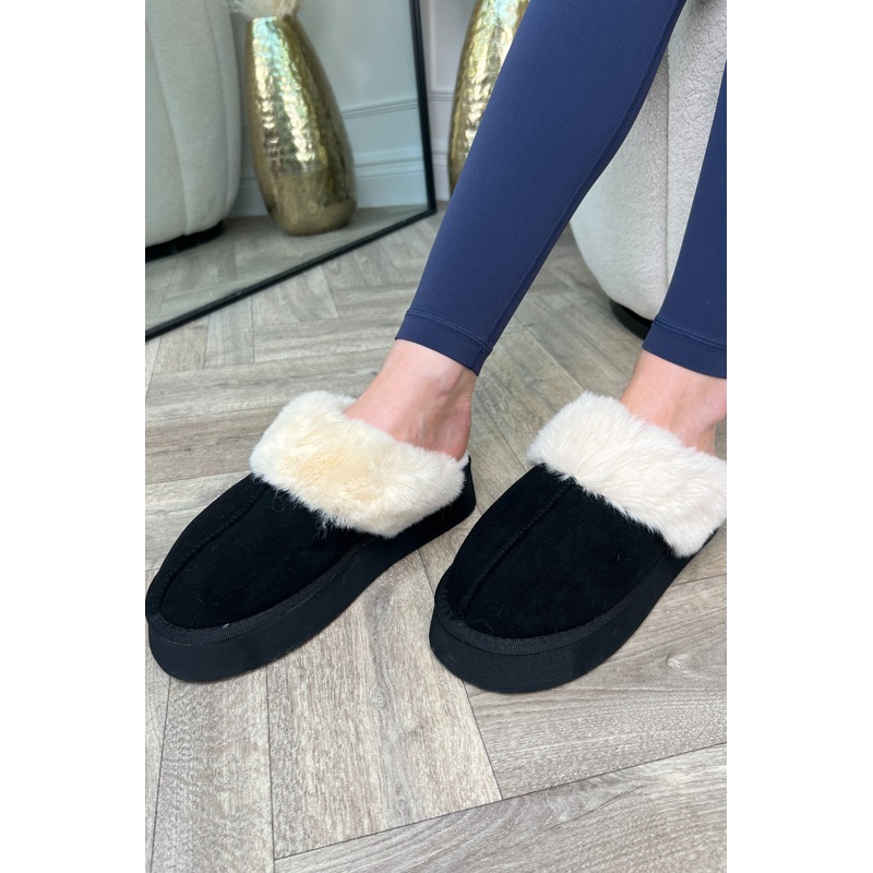 Amara cream & black platform faux fur lined mules