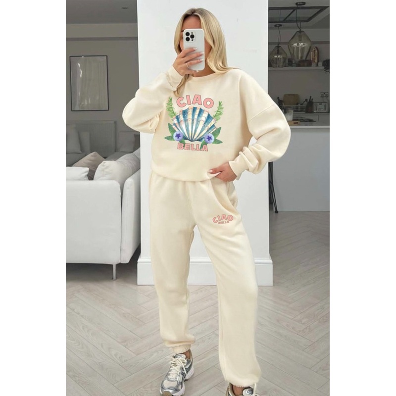 Ciao Bella ecru printed sweater and joggers premium loungewear
