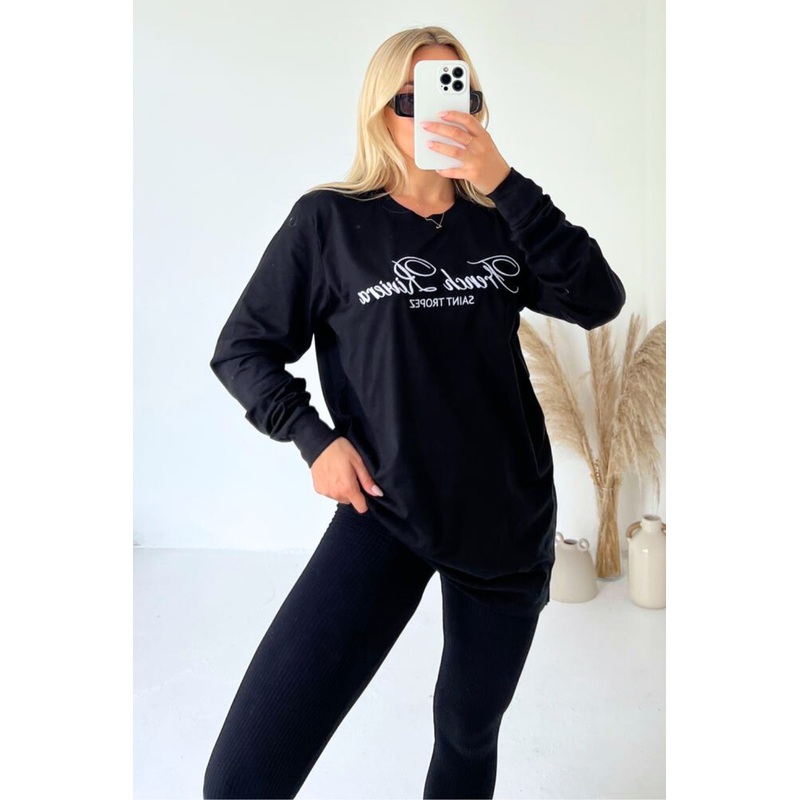 French Riviera black embroidered long sleeve t-shirt and leggings