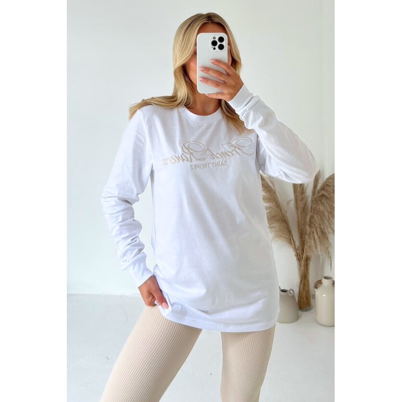 French Riviera cream embroidered long sleeve t-shirt and leggings