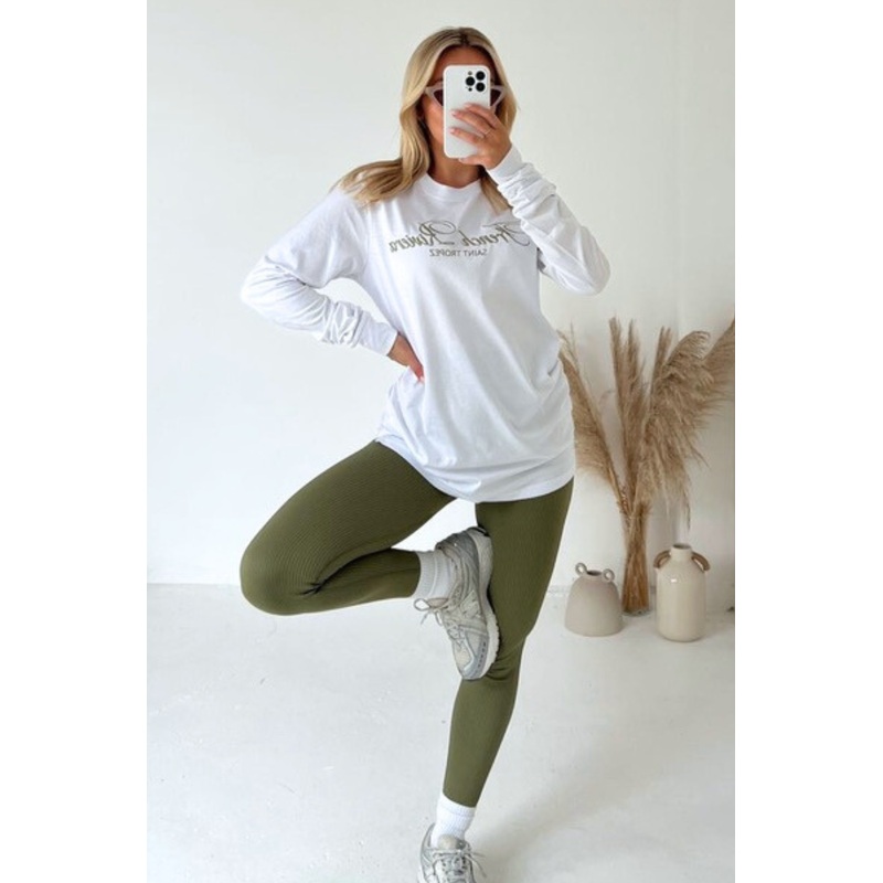 French Riviera khaki embroidered long sleeve t-shirt and leggings