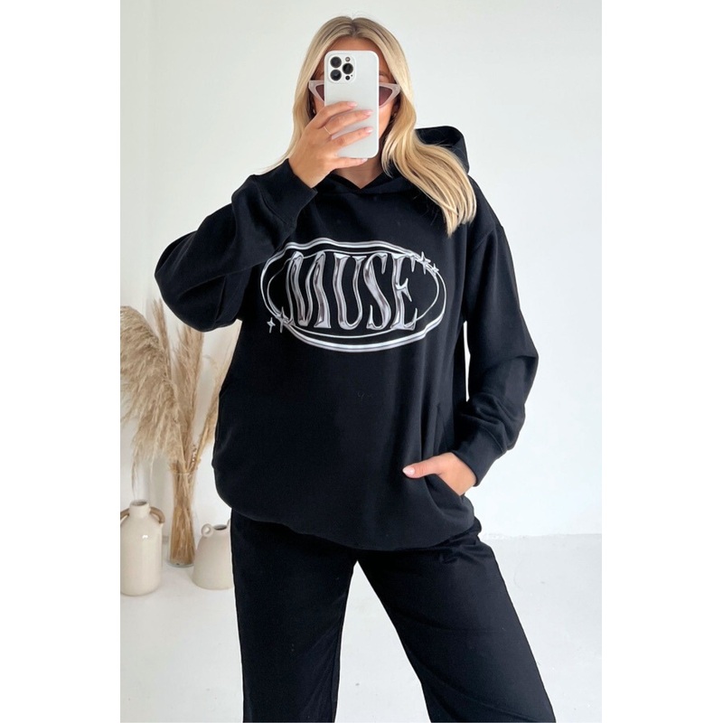 Muse black printed  relaxed hoodie