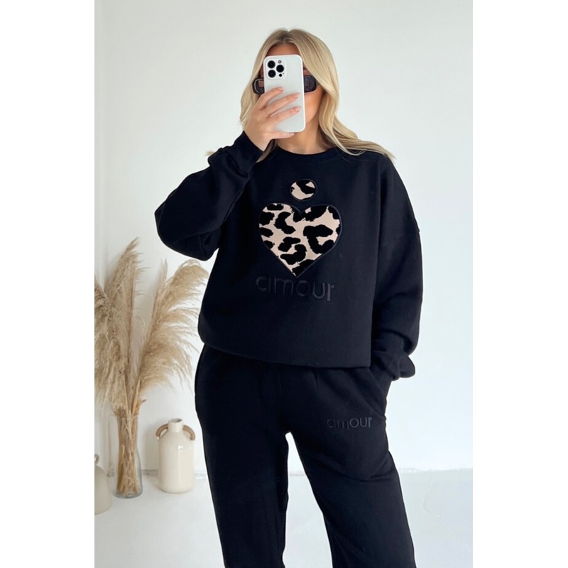 Amour black leopard heart embroidered sweater joggers premium loungewear