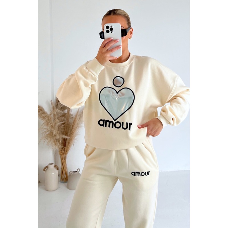Amour ecru silver heart embroidered sweater joggers premium loungewear