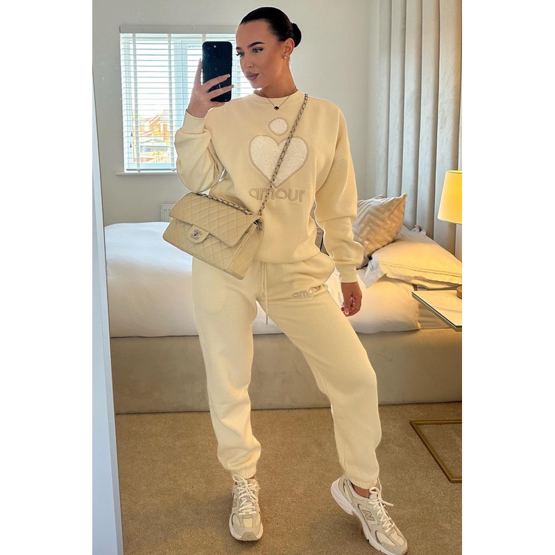 Amour ecru teddy heart embroidered sweater joggers premium loungewear