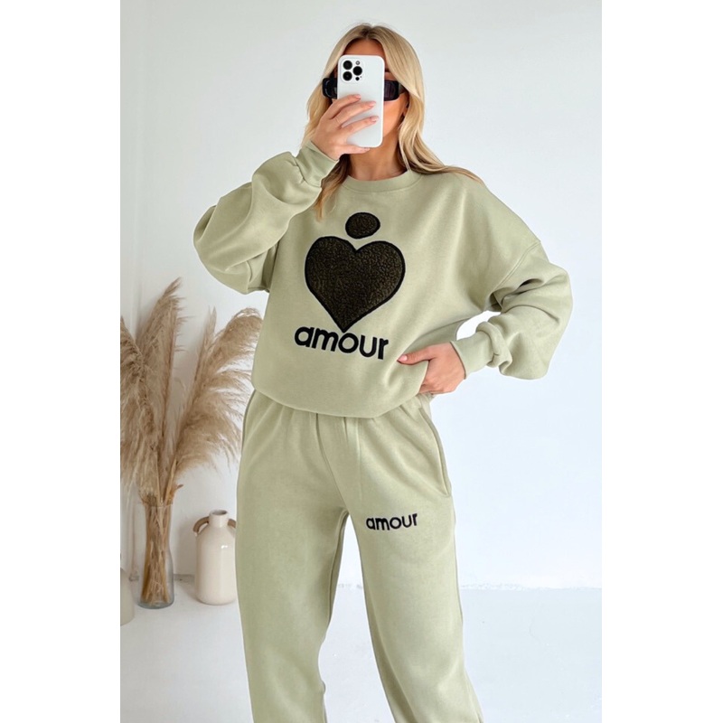 Amour sage teddy heart embroidered sweater joggers premium loungewear
