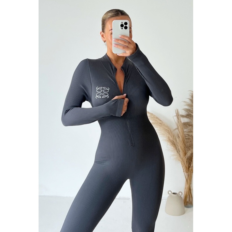 GeGe embroidered grey ribbed unitard