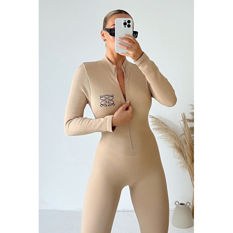 GeGe embroidered nude ribbed unitard