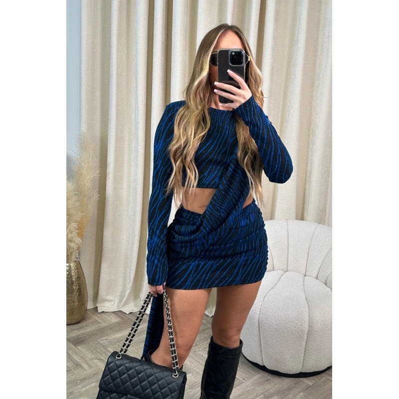 Kylie blue & Black shimmer cut out drape dress