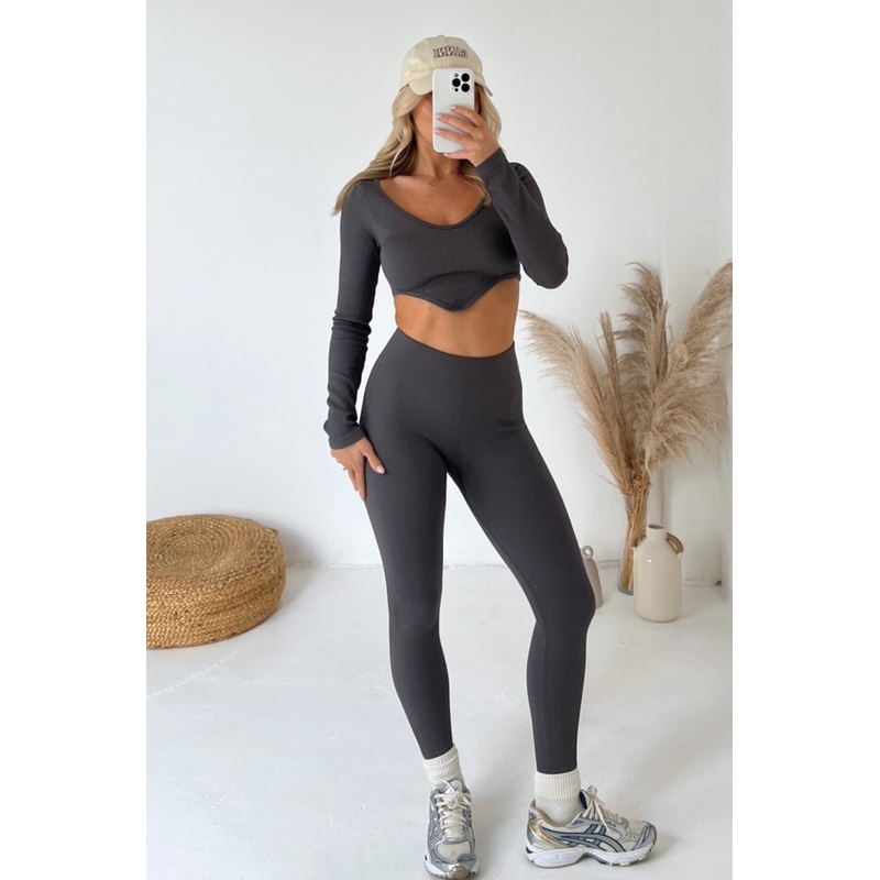 Mia charcoal grey ribbed crop leggings activewear set