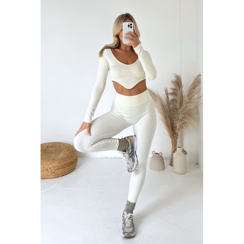 Mia cream ribbed crop leggings activewear set