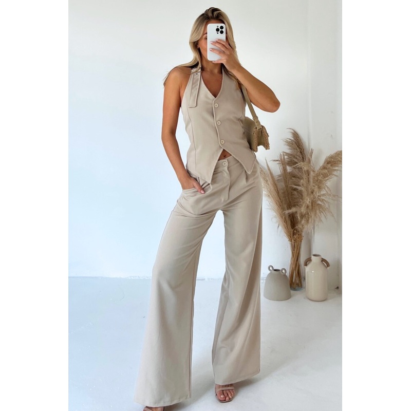 Phoebe beige tailored halter waistcoat pants co-ord