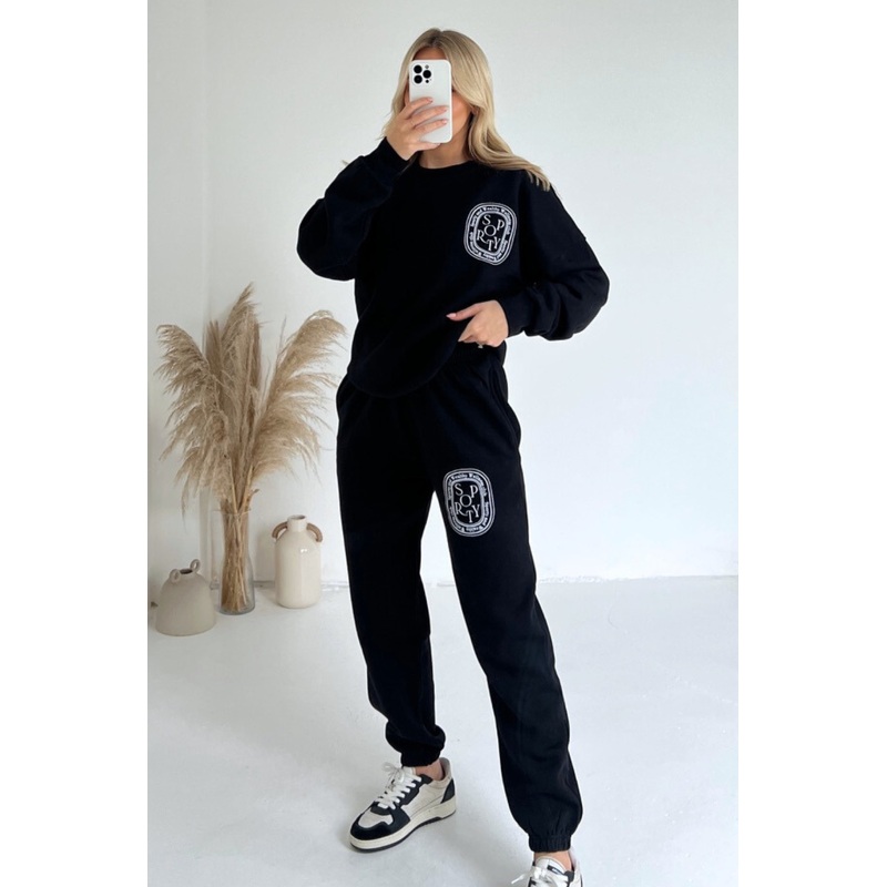Sporty & wealthy black printed embroidered joggers premium loungewear