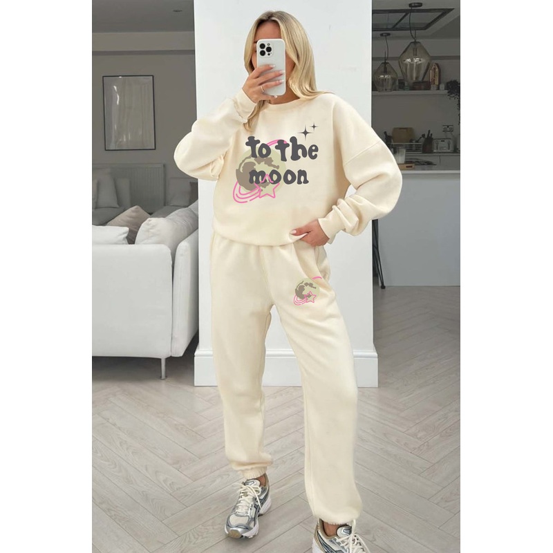 To the moon ecru printed sweater joggers premium loungewear