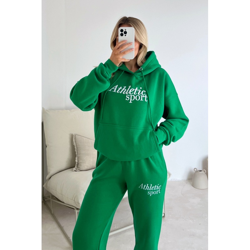 Athletic sport green embroidered hoodie joggers premium loungewear