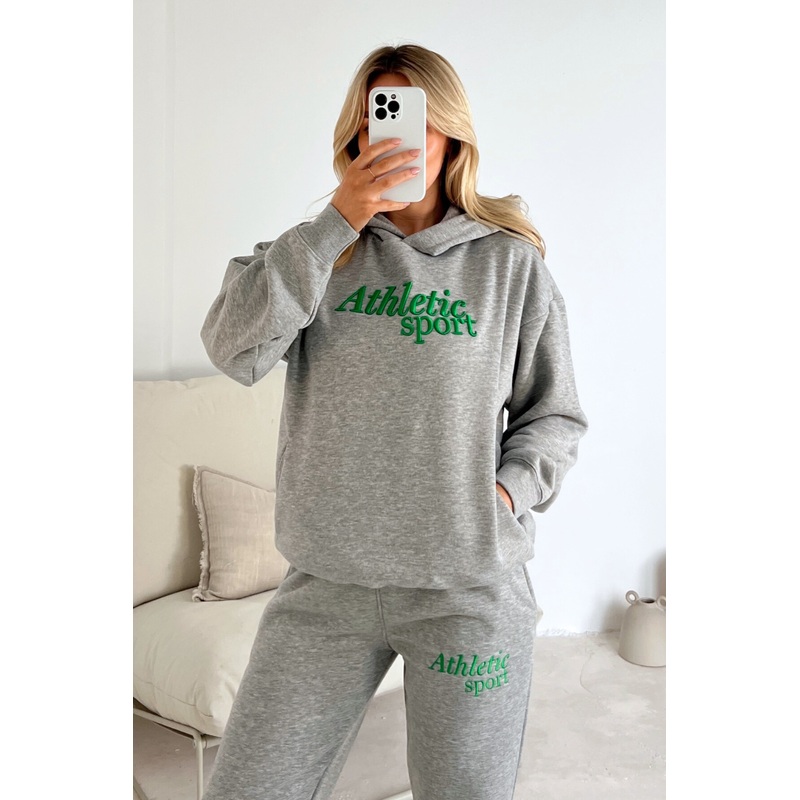 Athletic Sport melange grey embroidered hoodie joggers premium loungewear