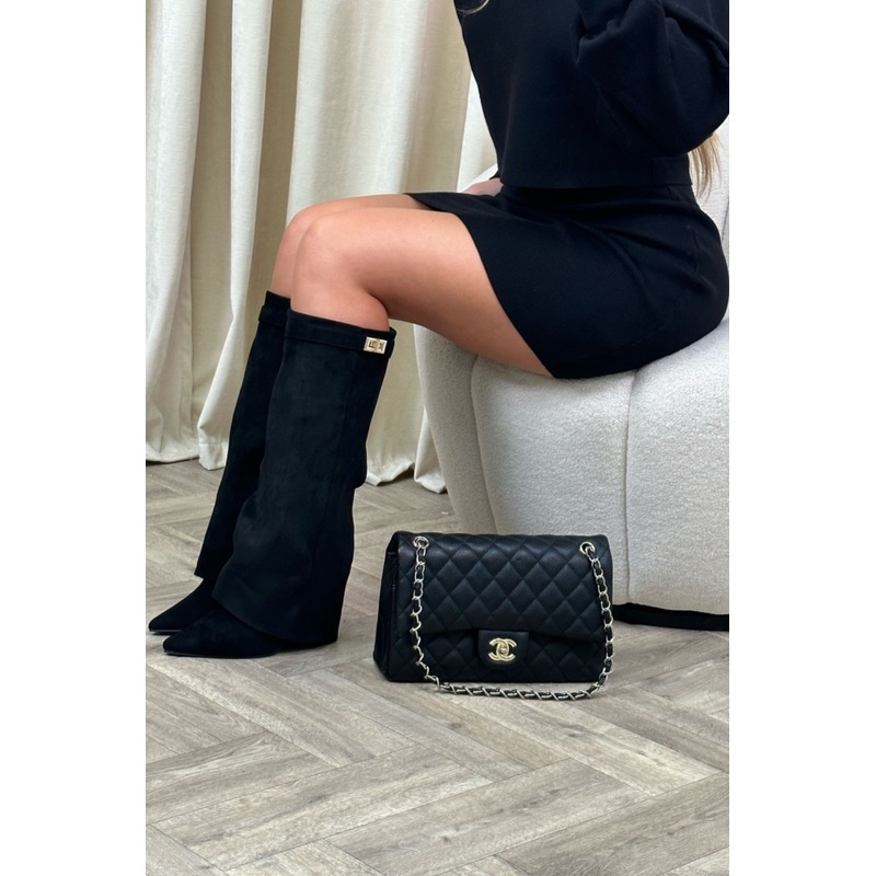 Emily black suede knee high fold over heel boots