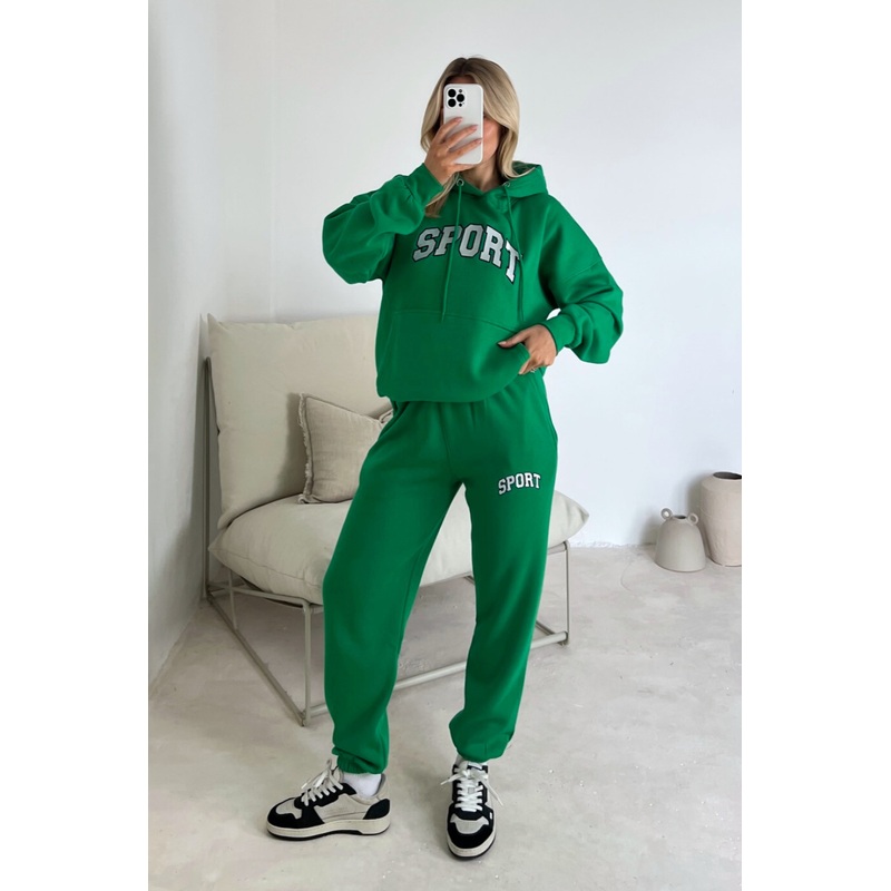 Sport green embroidered hoodie joggers premium loungewear