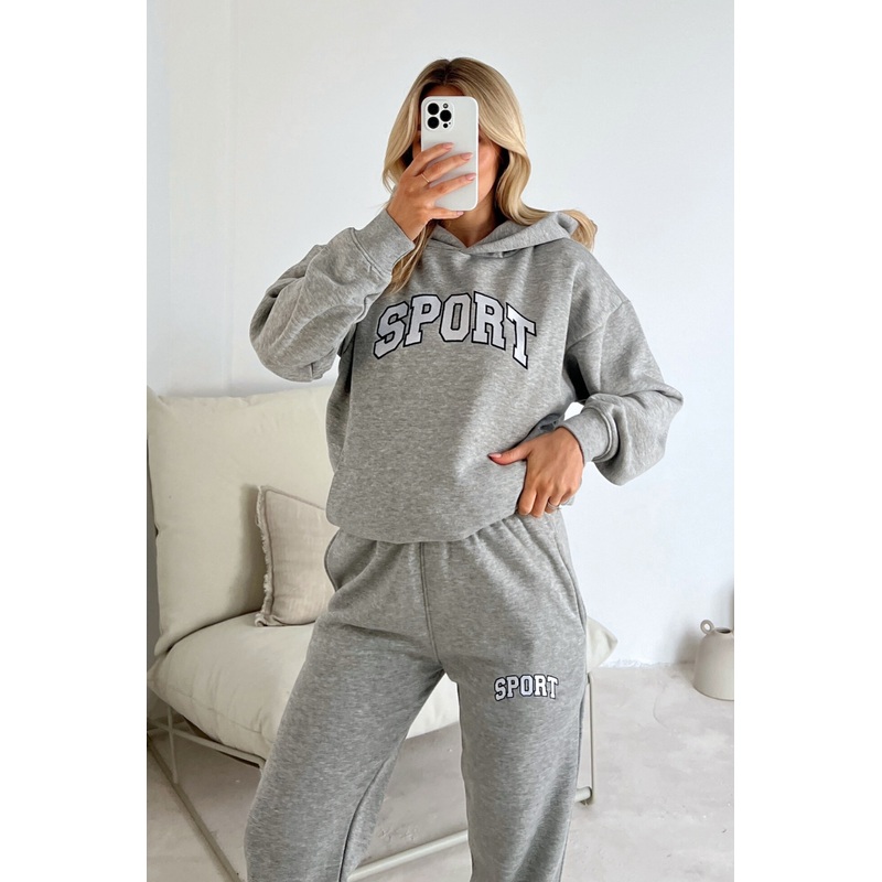 Sport melange grey embroidered hoodie joggers premium loungewear