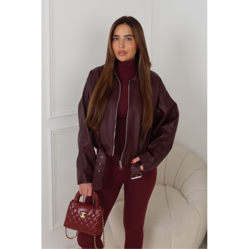 AISA BURGUNDY FAUX LEATHER COLLAR ZIP JACKET