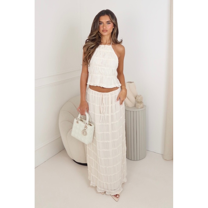 Ophelia cream chiffon open back top & maxi skirt co ord