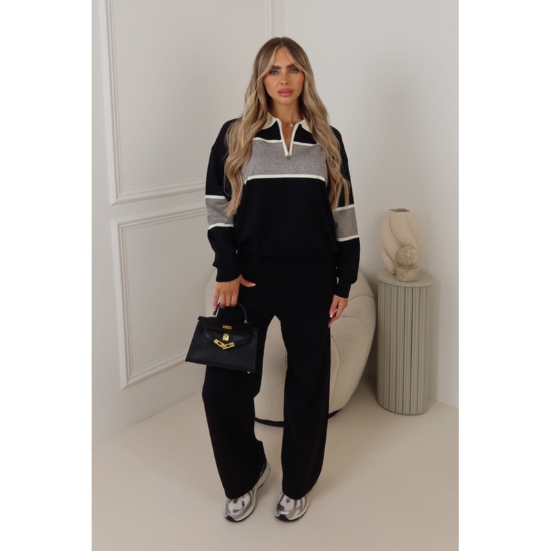 Teagan black half zip stripe co-ord