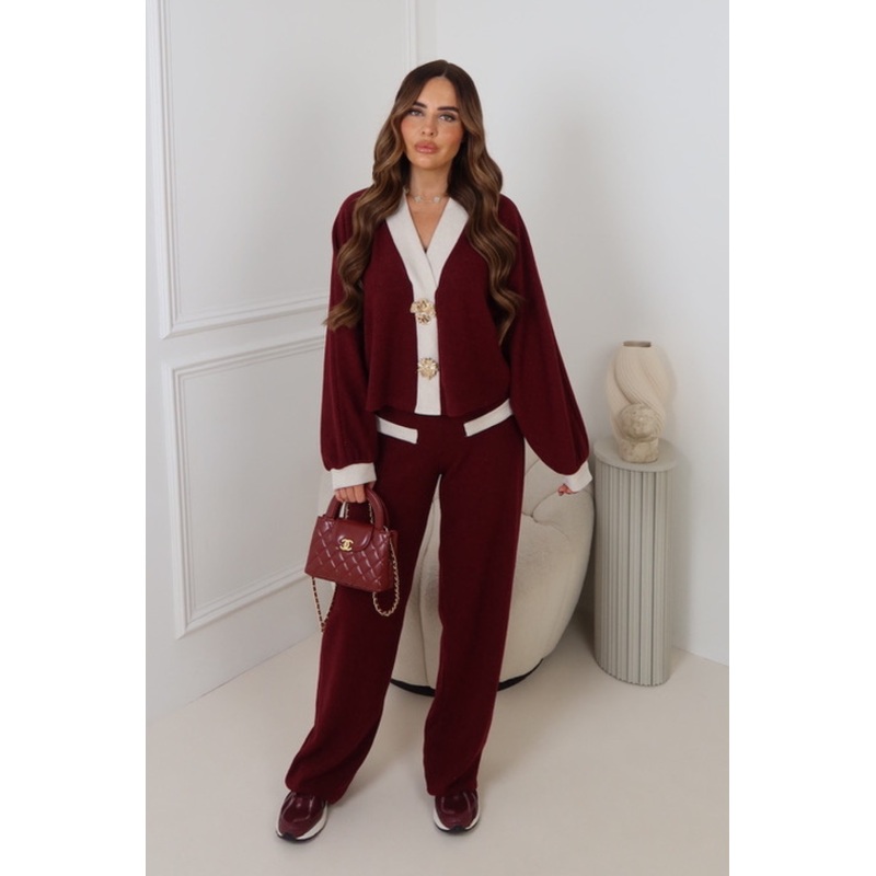 WENDY BURGUNDY SHIMMER GOLD BUTTONED TROUSER SET