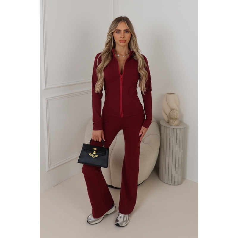 Birdie burgundy zip jacket and flares activewear set