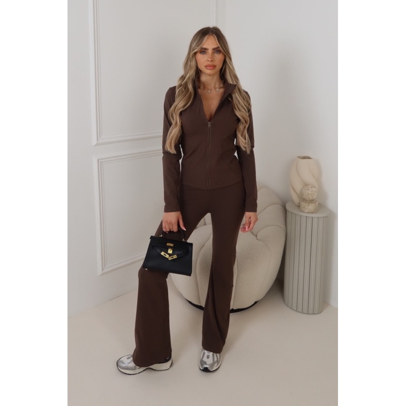 Birdie chocolate zip jacket and flares activewear set