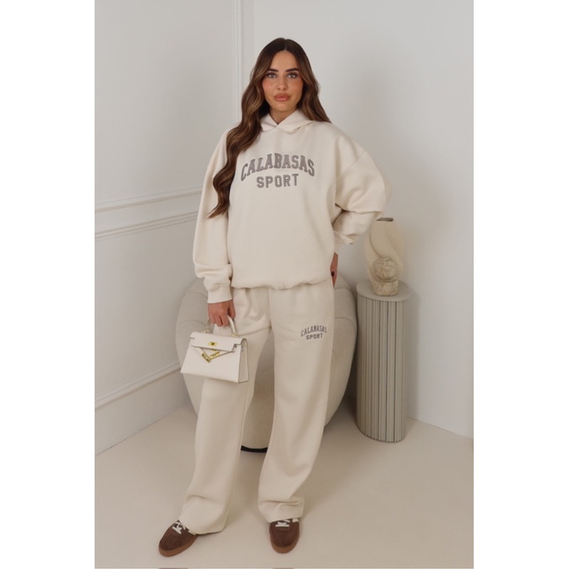 CALABASAS IVORY EMBROIDERED HOODIE & STRAIGHT LEG TROUSERS LOUNGEWEAR