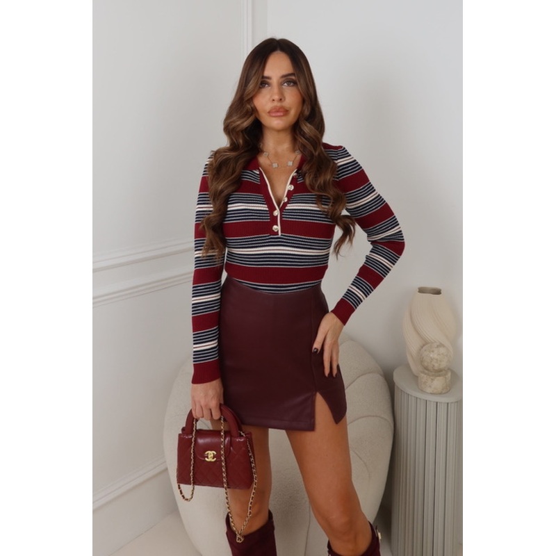 IRIS BURGUNDY STRIPED GOLD BUTTON BODYSUIT