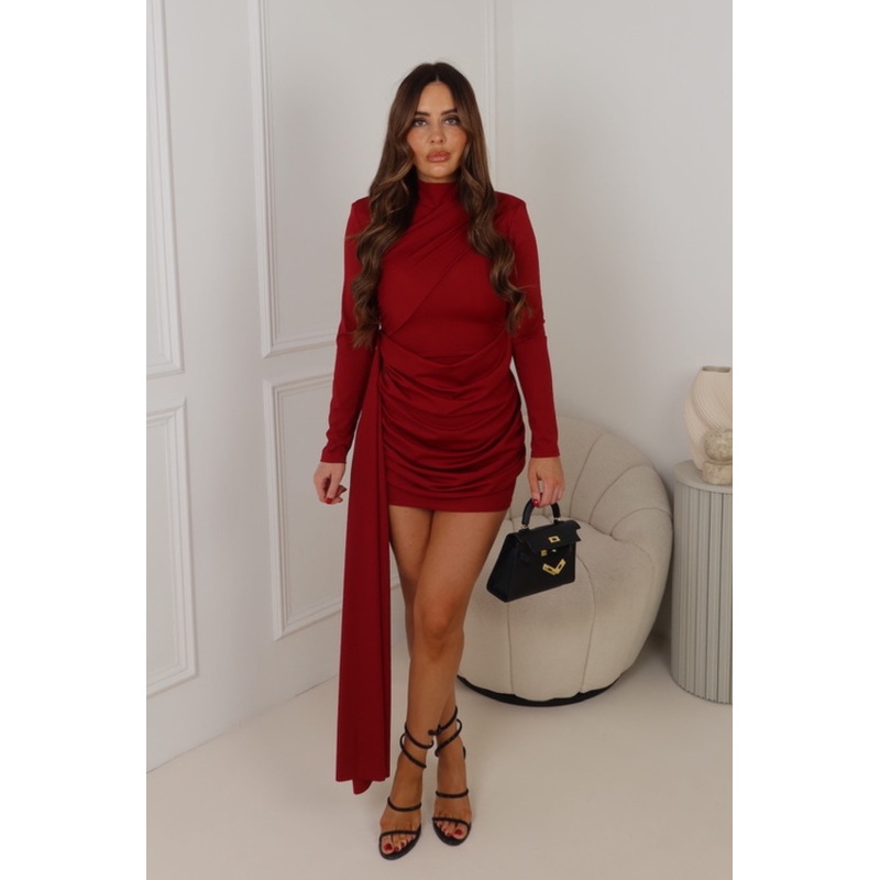 JANEL BURGUNDY DRAPE HIGH NECK LONG SLEEVE  DRESS