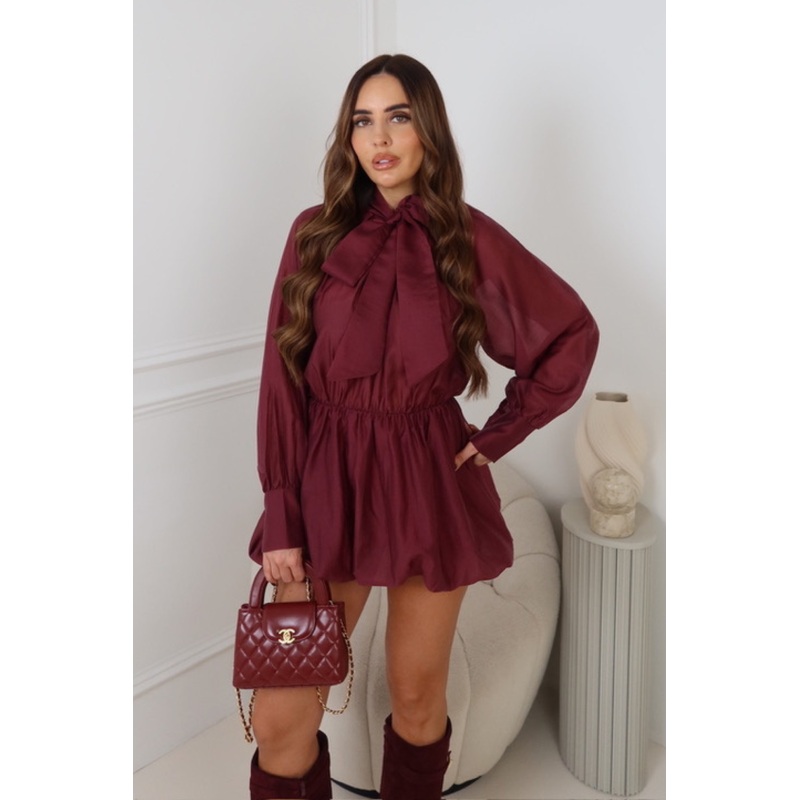 LORNA BURGUNDY  SHEER BOW NECK TIE DRESS