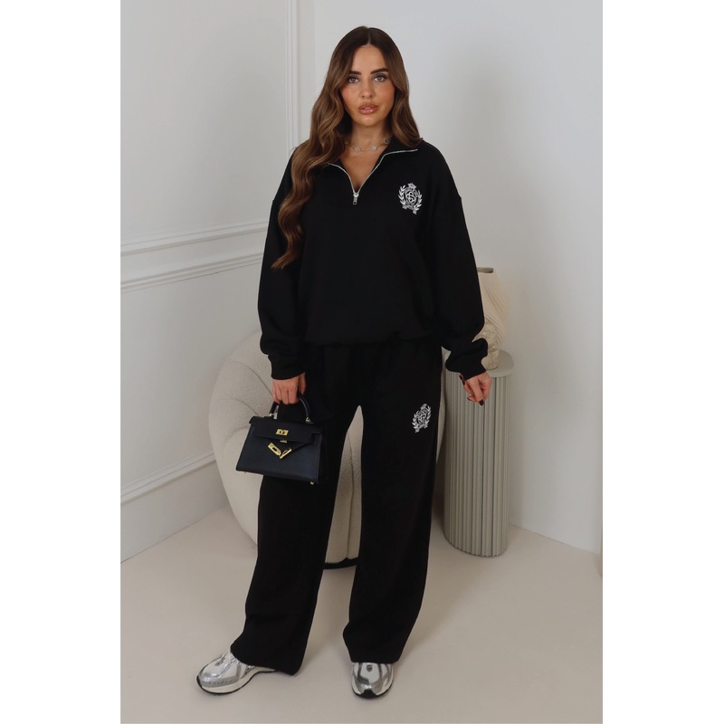 ST MORITZ BLACK EMBROIDERED 3/4 ZIP & STRAIGHT LEG TROUSERS LOUNGEWEAR