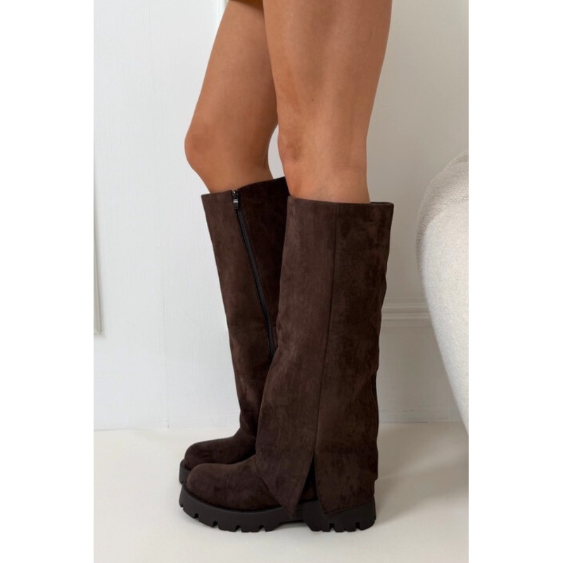 Alivia brown faux suede knee high flat boots