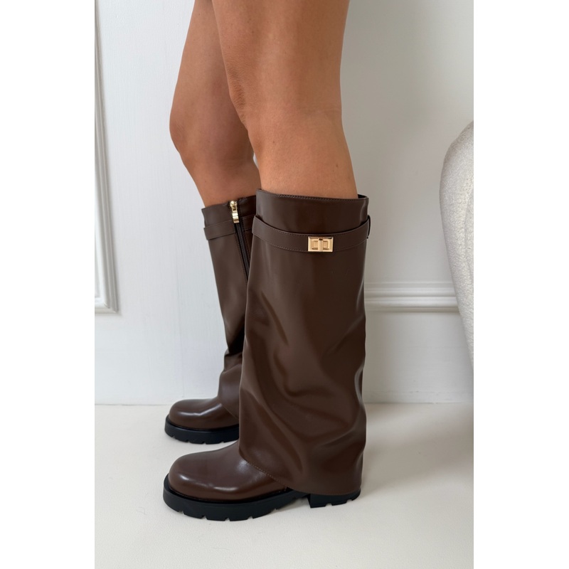 DAYA CHOCOLATE FLAT FOLD OVER STRAPPED BOOTS