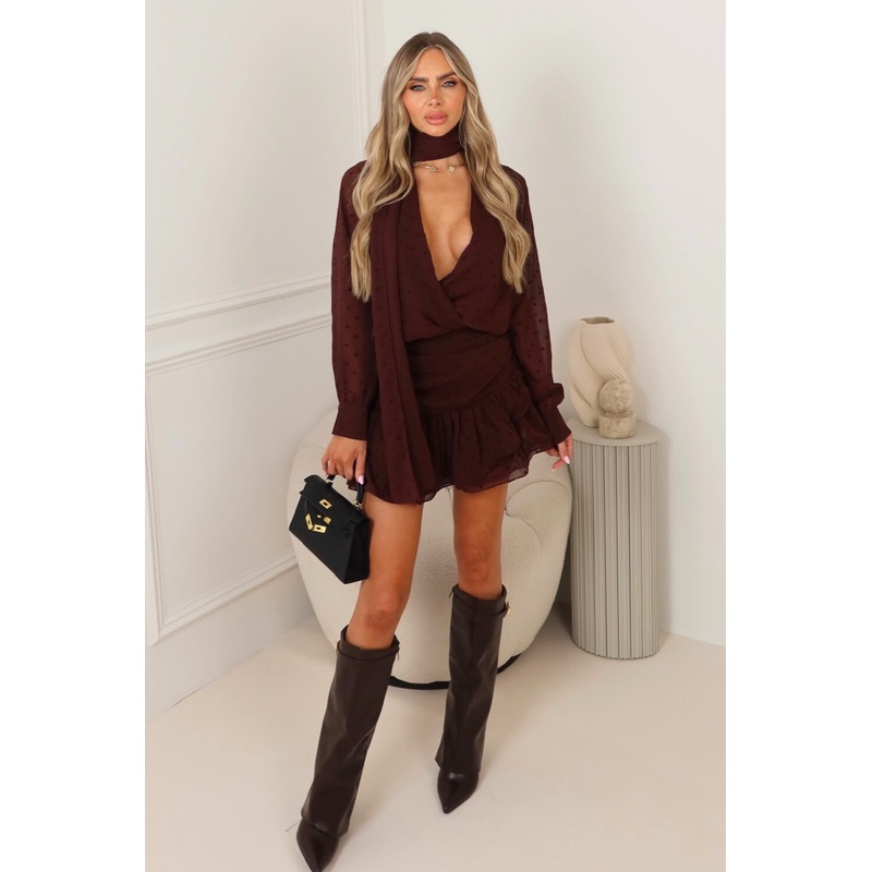 Sadie chocolate polka dot scarf dress