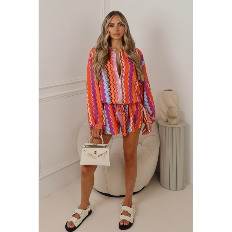 Sienna zigzag patterned zip jacket & shorts co-ord